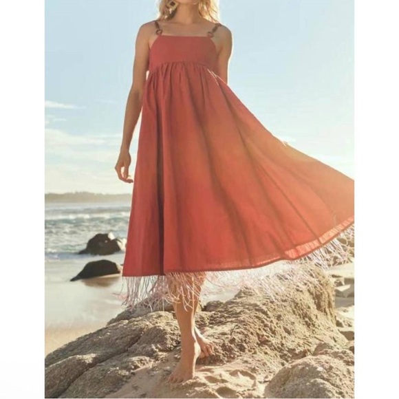 NEW EDDY gavin beaded fringe midi dress in rhubarb - Picture 2 of 11